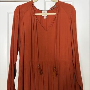 Knox Rose Terracotta Burnt Orange Long Sleeve Ruffle Maxi Dress